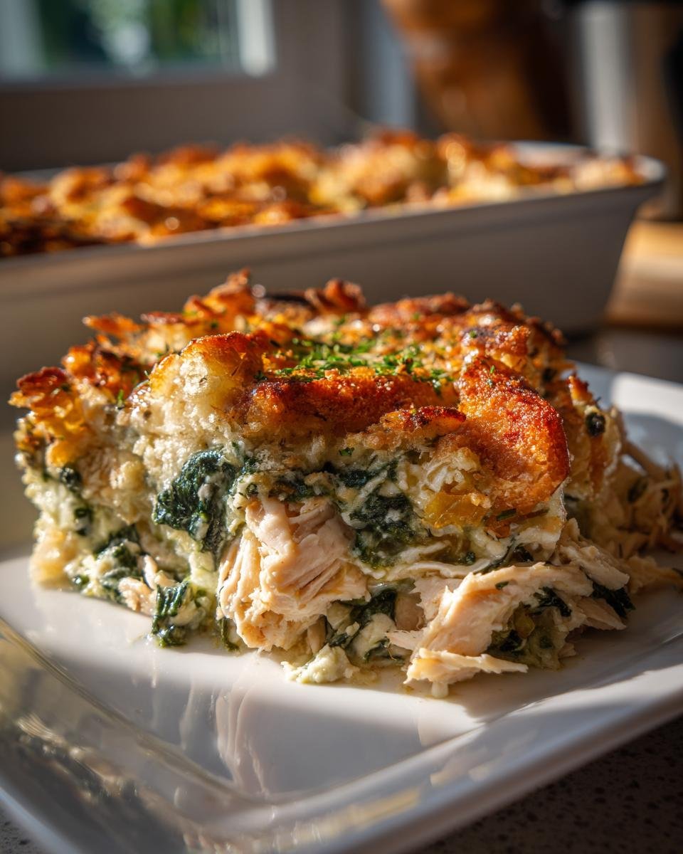 A close-up serving of Chicken and Spinach Casserole showing shredded chicken, creamy spinach filling, and a golden, crispy topping.