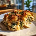 A generous serving of creamy Chicken And Spinach Casserole topped with golden, crispy breadcrumbs.
