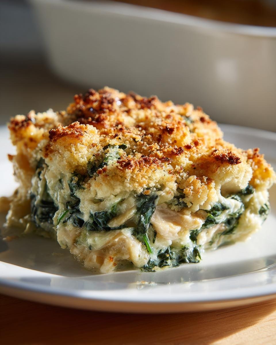 A square serving of creamy Chicken And Spinach Casserole with a golden, crunchy breadcrumb topping.