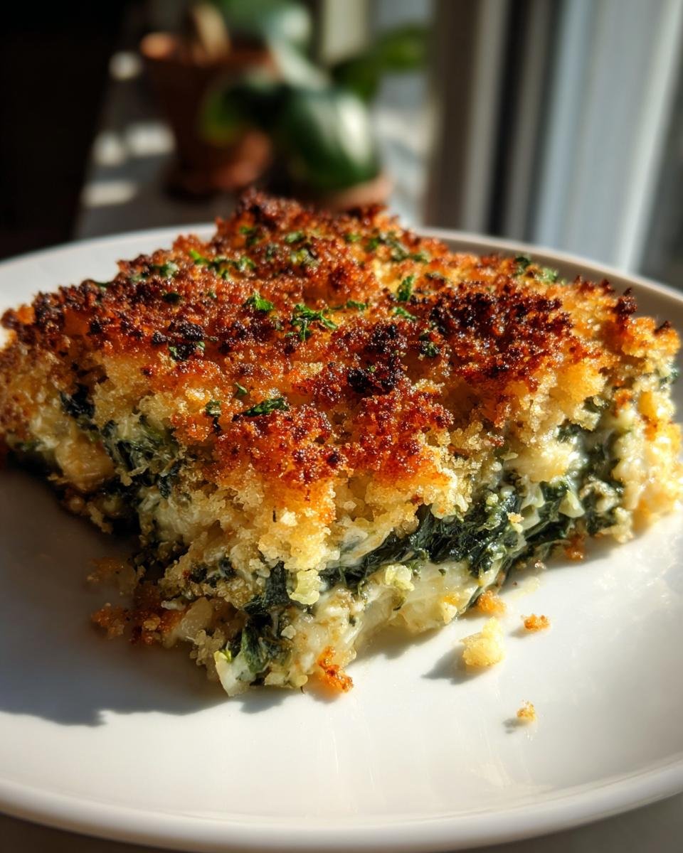 A close-up of a square serving of Chicken And Spinach Casserole with a golden, crispy breadcrumb topping on a white plate.