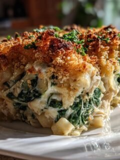 A close-up of a serving of creamy Chicken And Spinach Casserole with a golden, crispy breadcrumb topping.