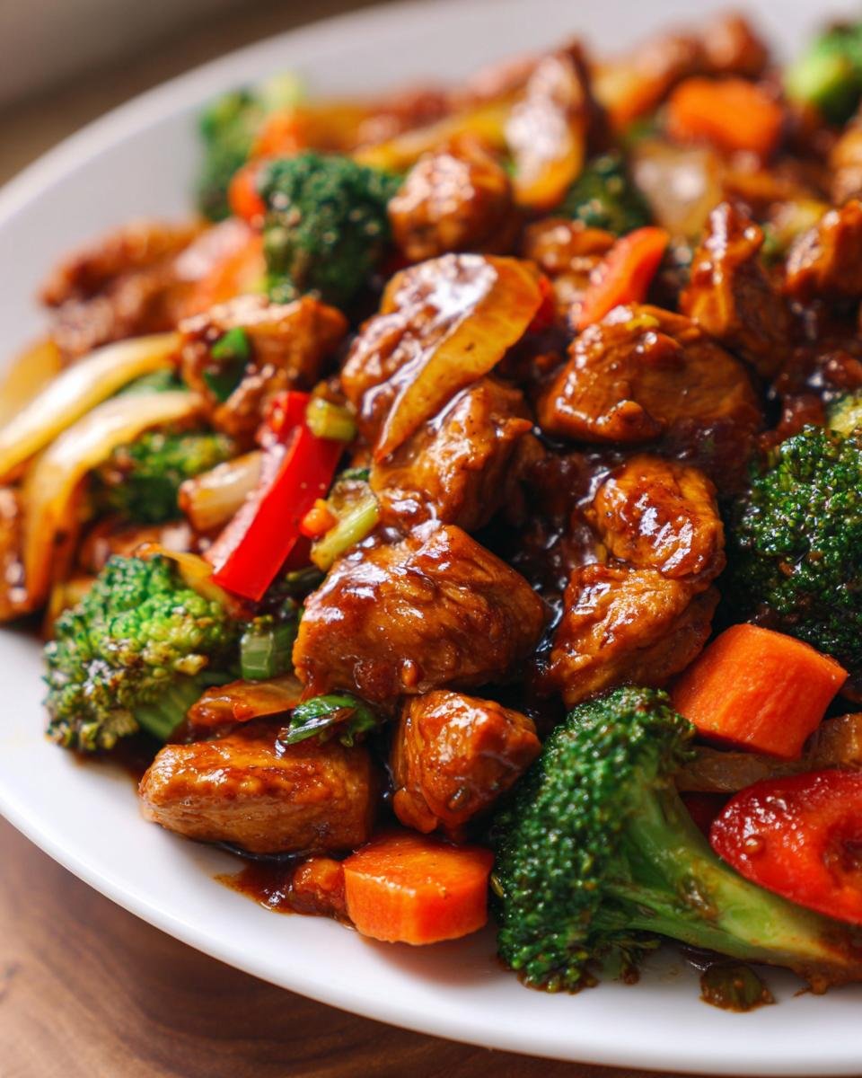 Close-up of glossy, saucy Chicken And Veggie Stir Fry featuring chunks of chicken, bright green broccoli, and orange carrots.