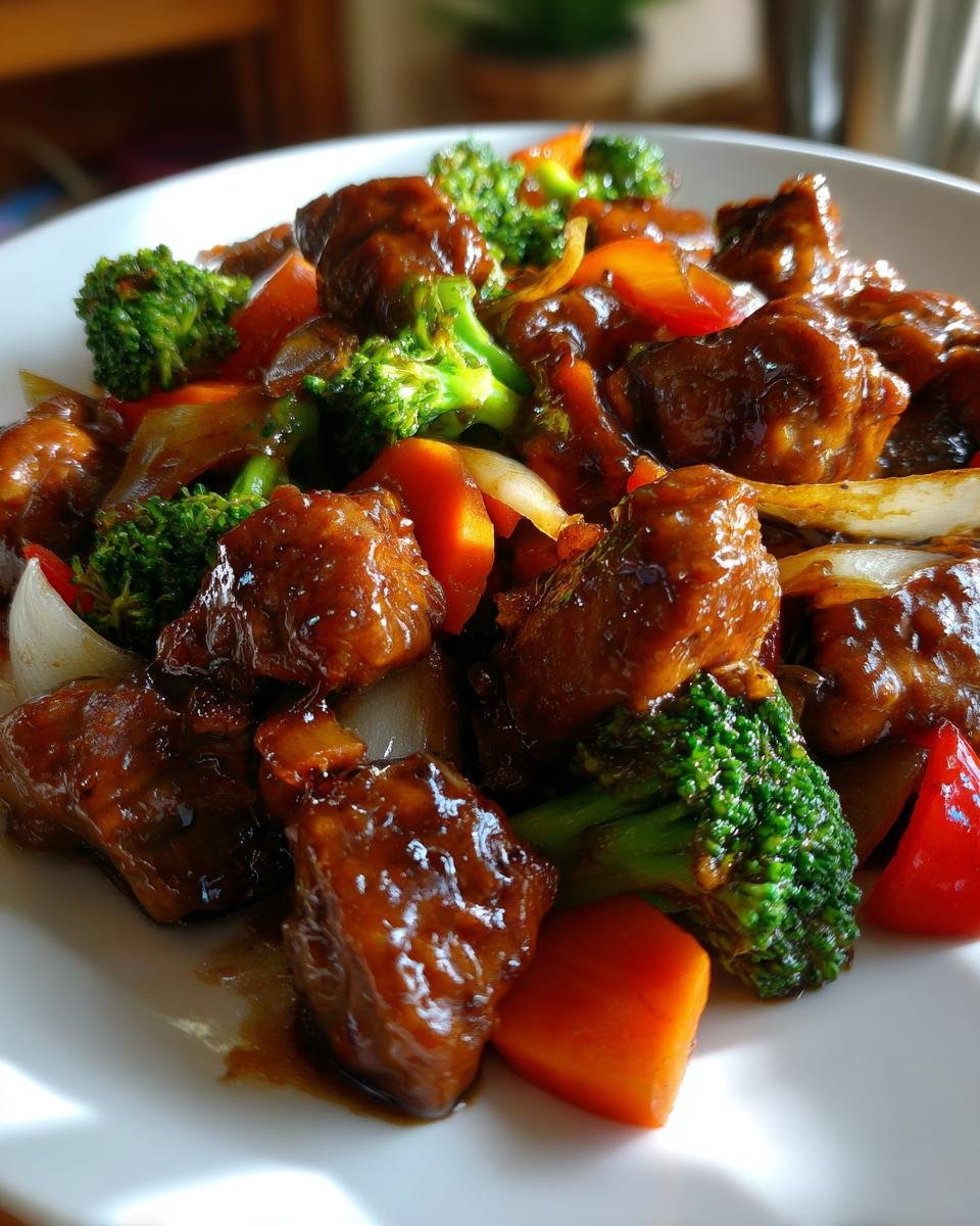 Close-up of glossy, saucy chicken pieces mixed with bright broccoli, carrots, and onions in a Chicken And Veggie Stir Fry.