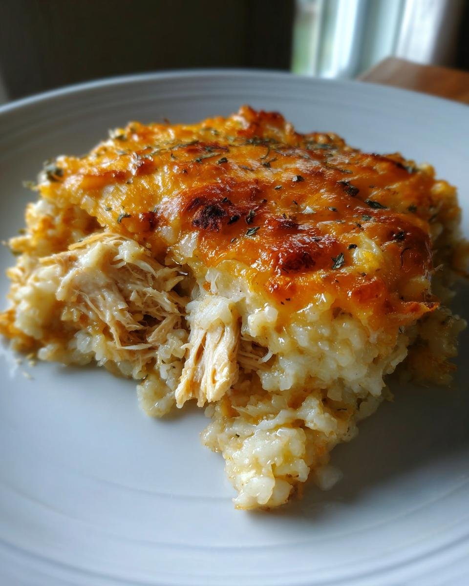 A close-up serving of Chicken Cauliflower Rice Casserole topped with melted, browned cheddar cheese and herbs.