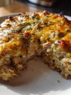 A close-up of a serving of Chicken Cauliflower Rice Casserole with a golden, bubbly cheese topping.