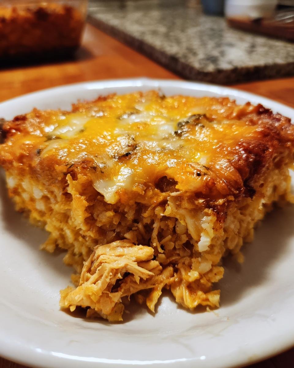 Close-up of a serving of Chicken Cauliflower Rice Casserole topped with melted cheddar cheese on a white plate.