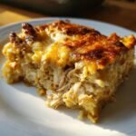 A close-up serving of Chicken Cauliflower Rice Casserole showing shredded chicken and a bubbly, browned cheese topping.