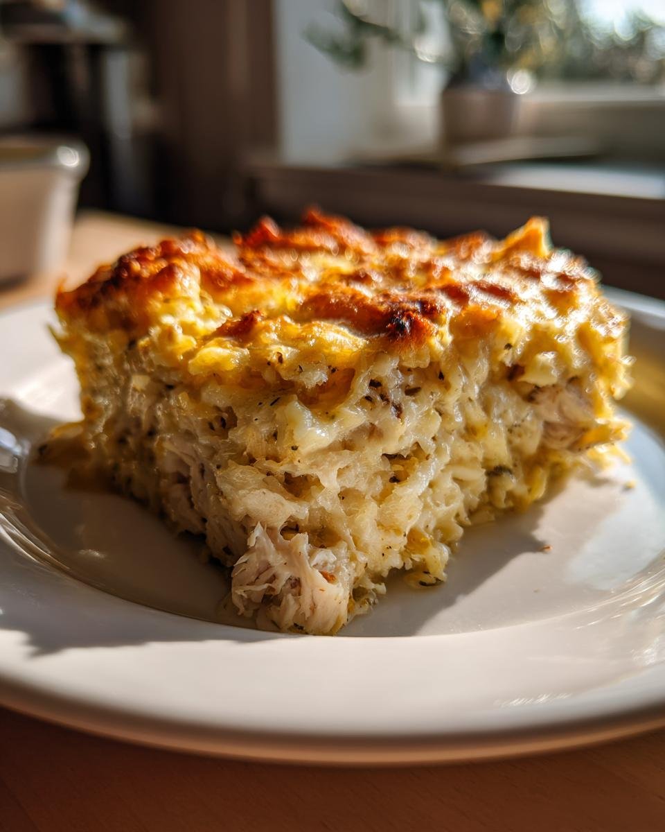 A square serving of baked Chicken Cauliflower Rice Casserole with a golden, cheesy crust.