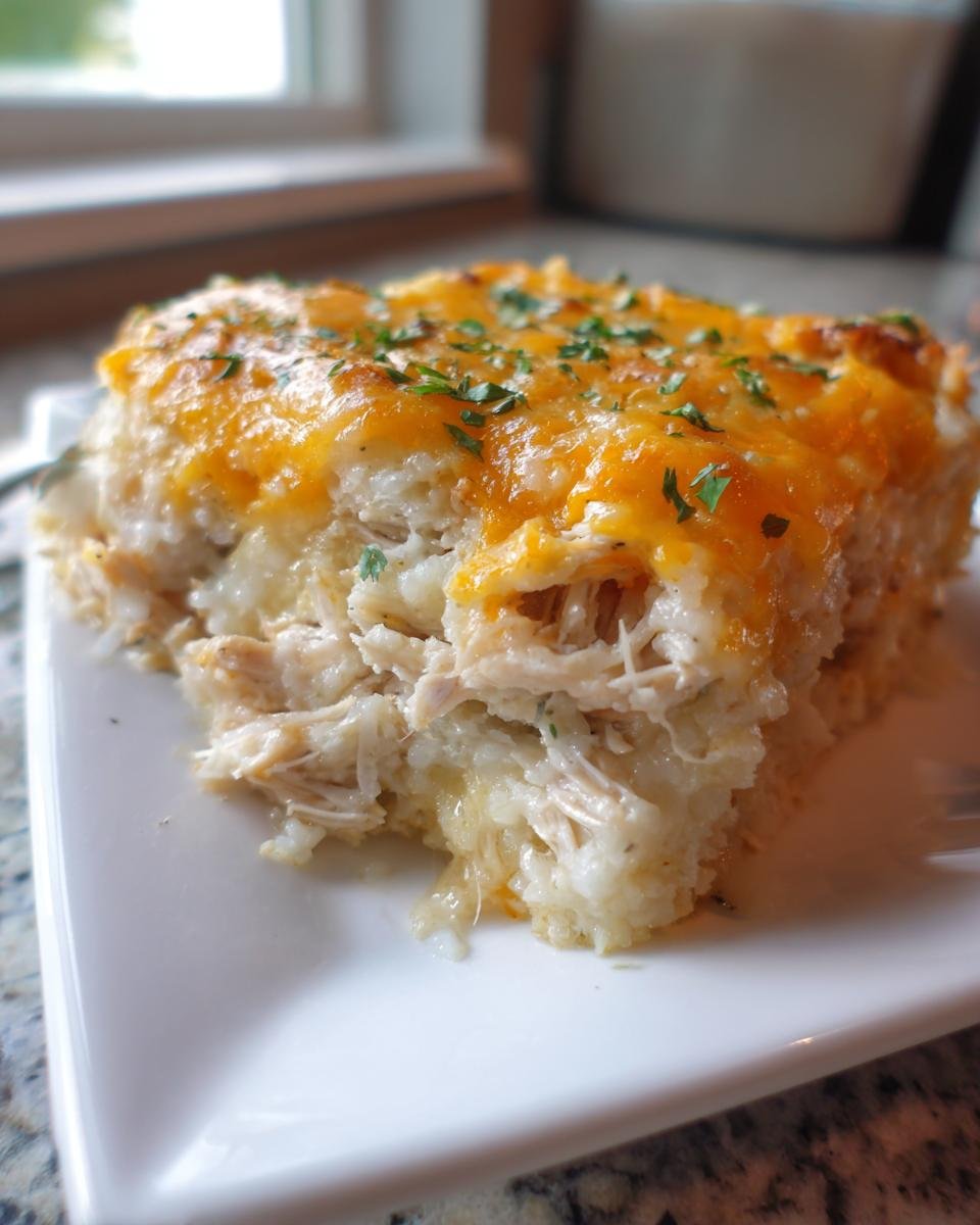 A close-up serving of cheesy Chicken Cauliflower Rice Casserole, topped with melted cheddar and parsley.