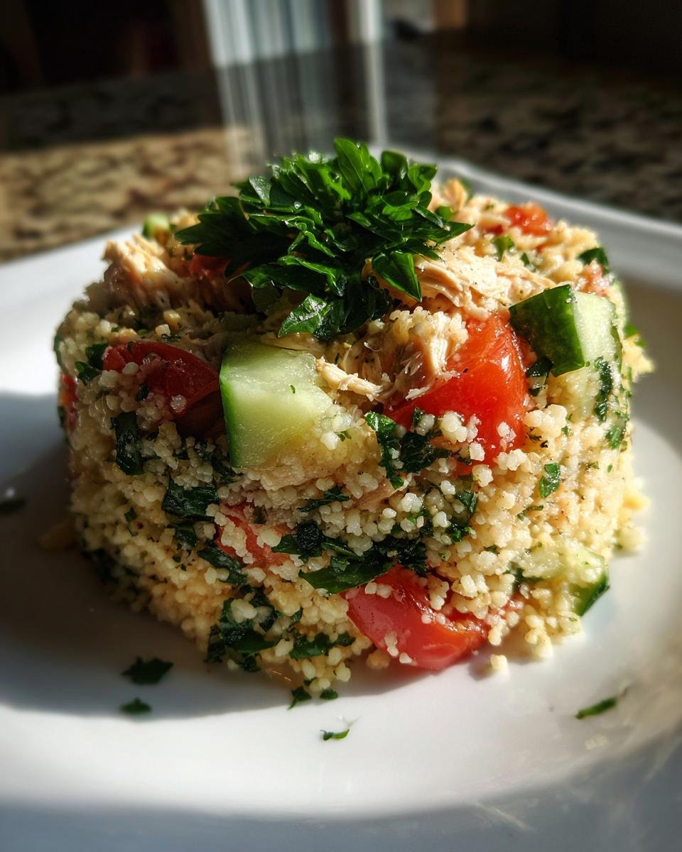 A molded serving of bright Chicken Couscous Salad featuring couscous, shredded chicken, tomatoes, and cucumber, topped with parsley.