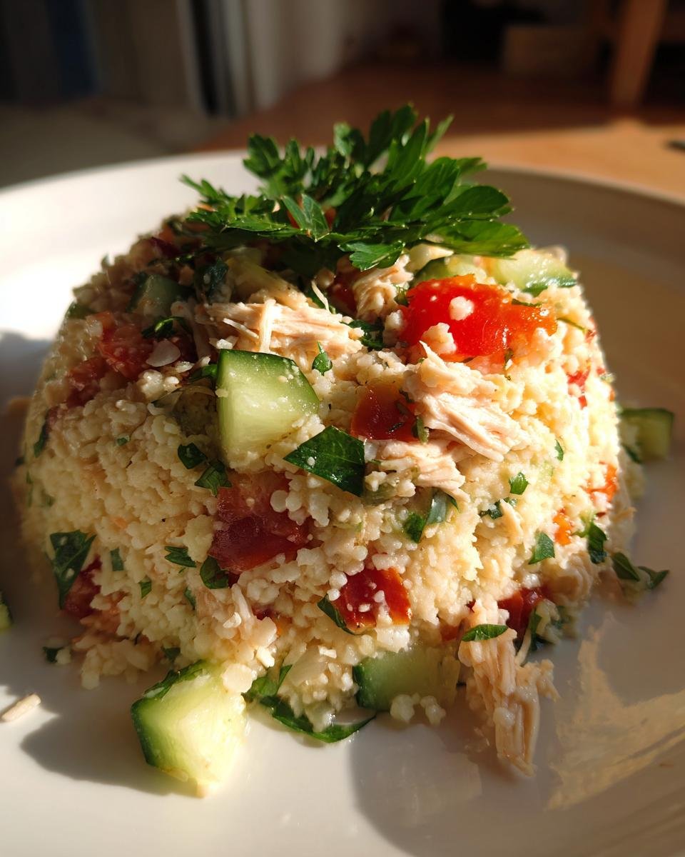 A mound of bright Chicken Couscous Salad featuring shredded chicken, diced tomatoes, cucumber, and parsley garnish.