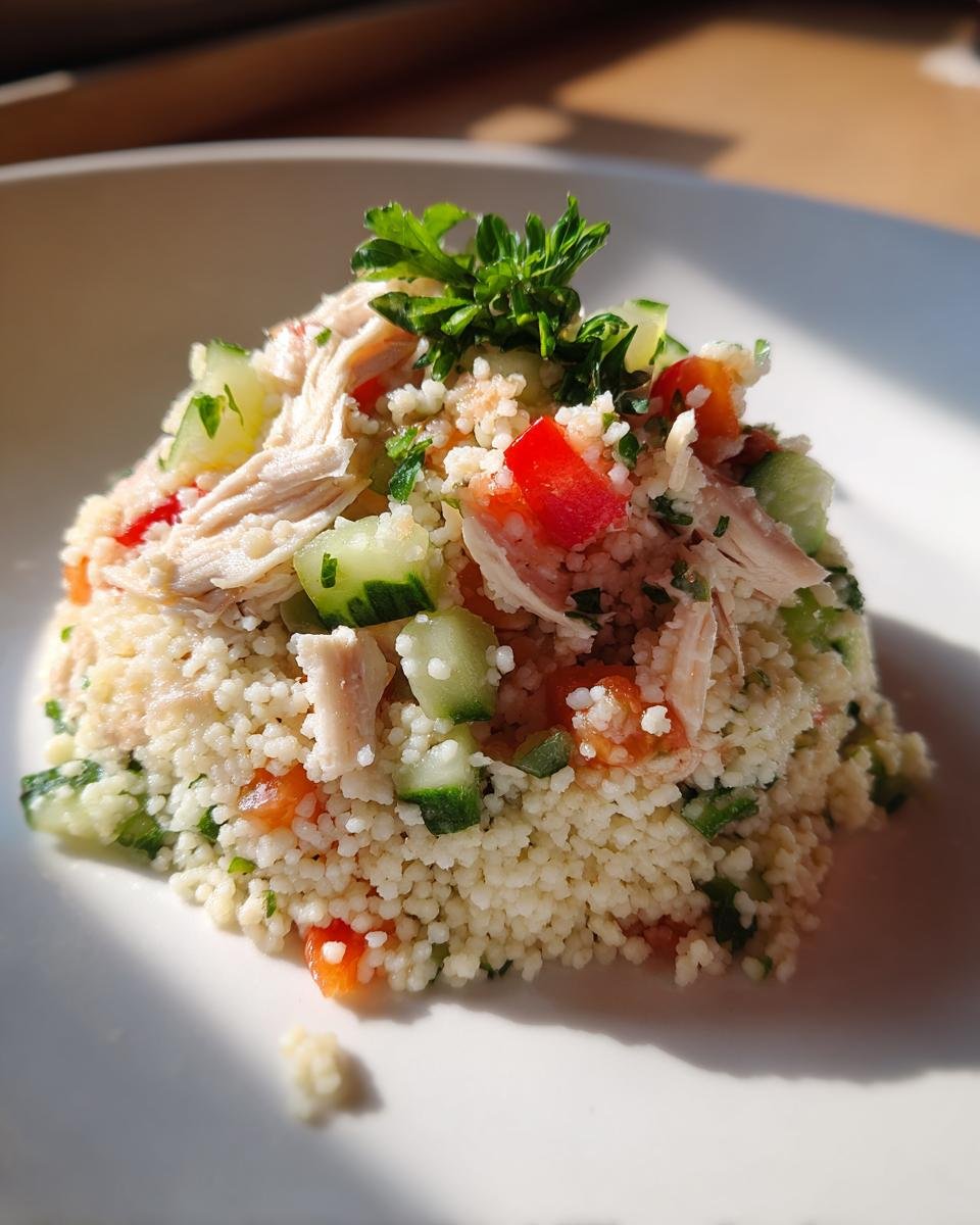 A mound of bright Chicken Couscous Salad featuring shredded chicken, diced cucumber, red pepper, and parsley on a white plate.