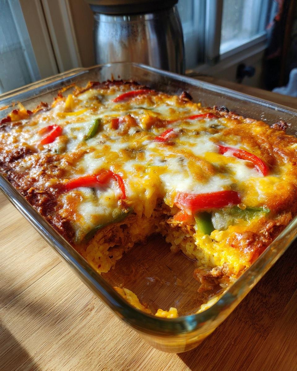 A freshly baked Chicken Fajita Rice Casserole in a glass dish, topped with melted cheese and colorful bell peppers.