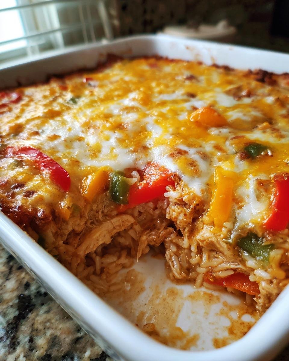 A scoop removed from a baked Chicken Fajita Rice Casserole topped with melted cheese and colorful bell peppers.