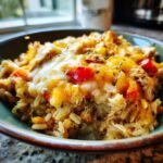 Close-up of a serving of Chicken Fajita Rice Casserole topped with melted cheddar and Monterey Jack cheese.