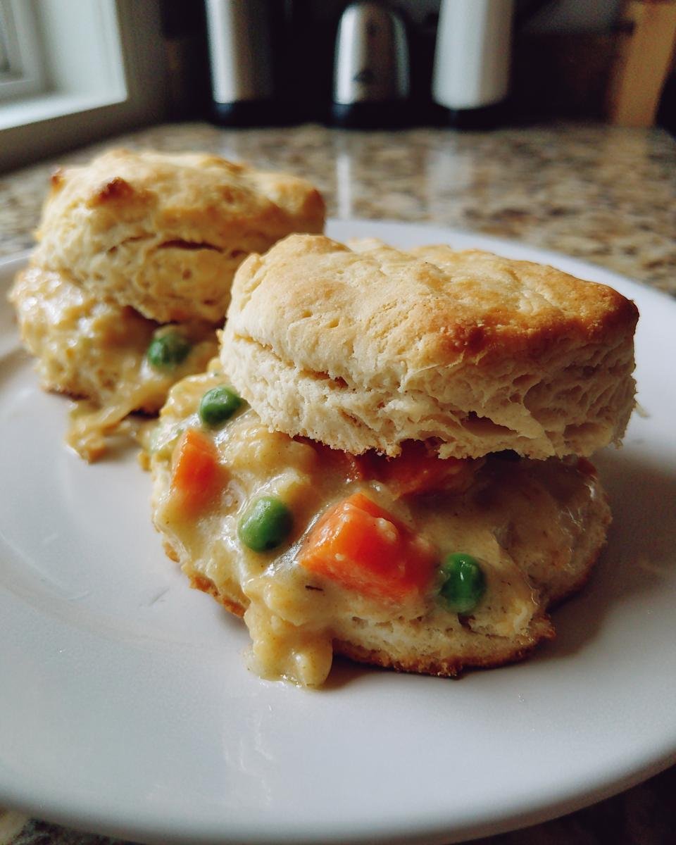 Two servings of Chicken Pot Pie With Biscuits, served open-faced with creamy filling, carrots, and peas.