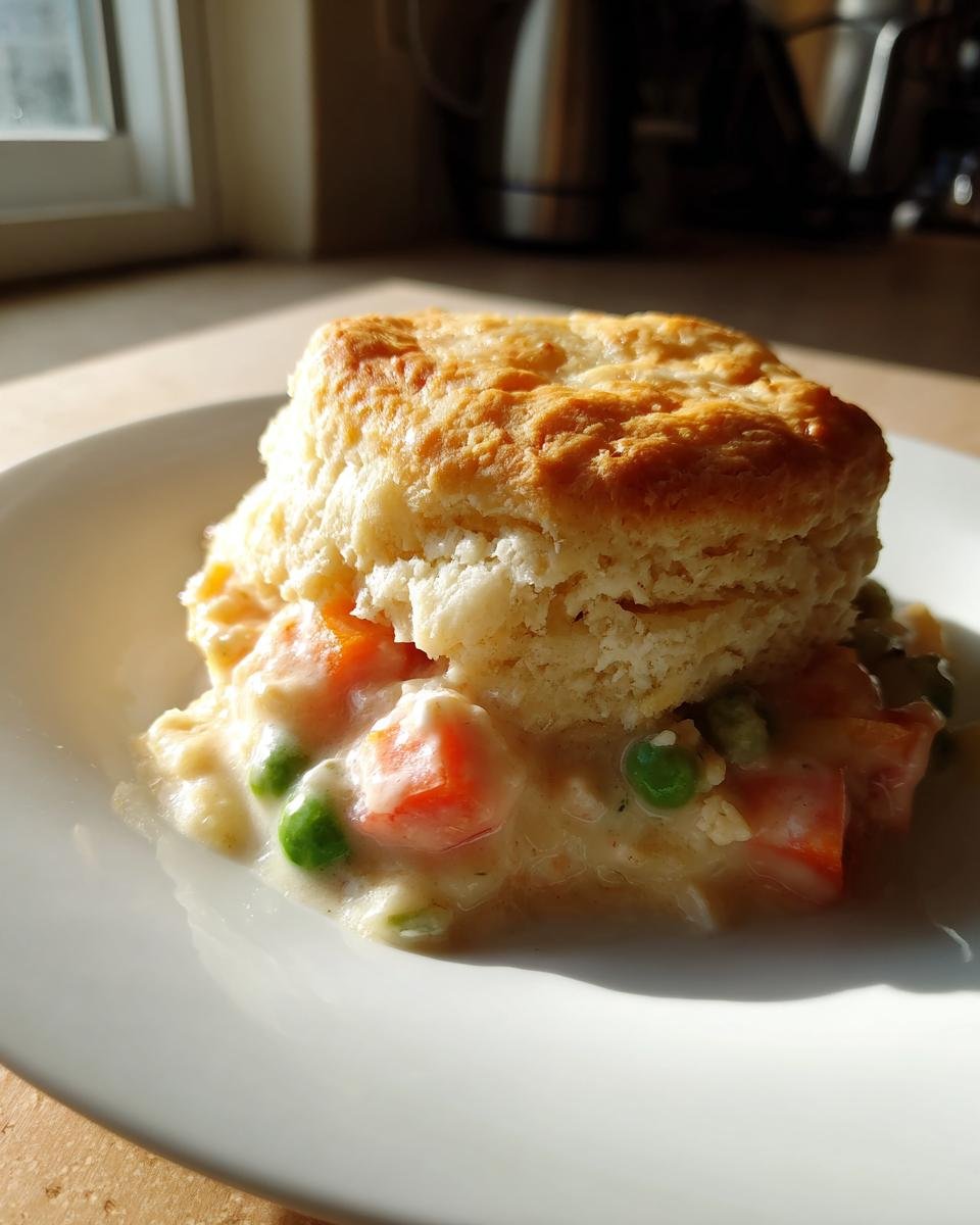 A single serving of Chicken Pot Pie With Biscuits, featuring creamy filling with carrots and peas topped by a golden biscuit.