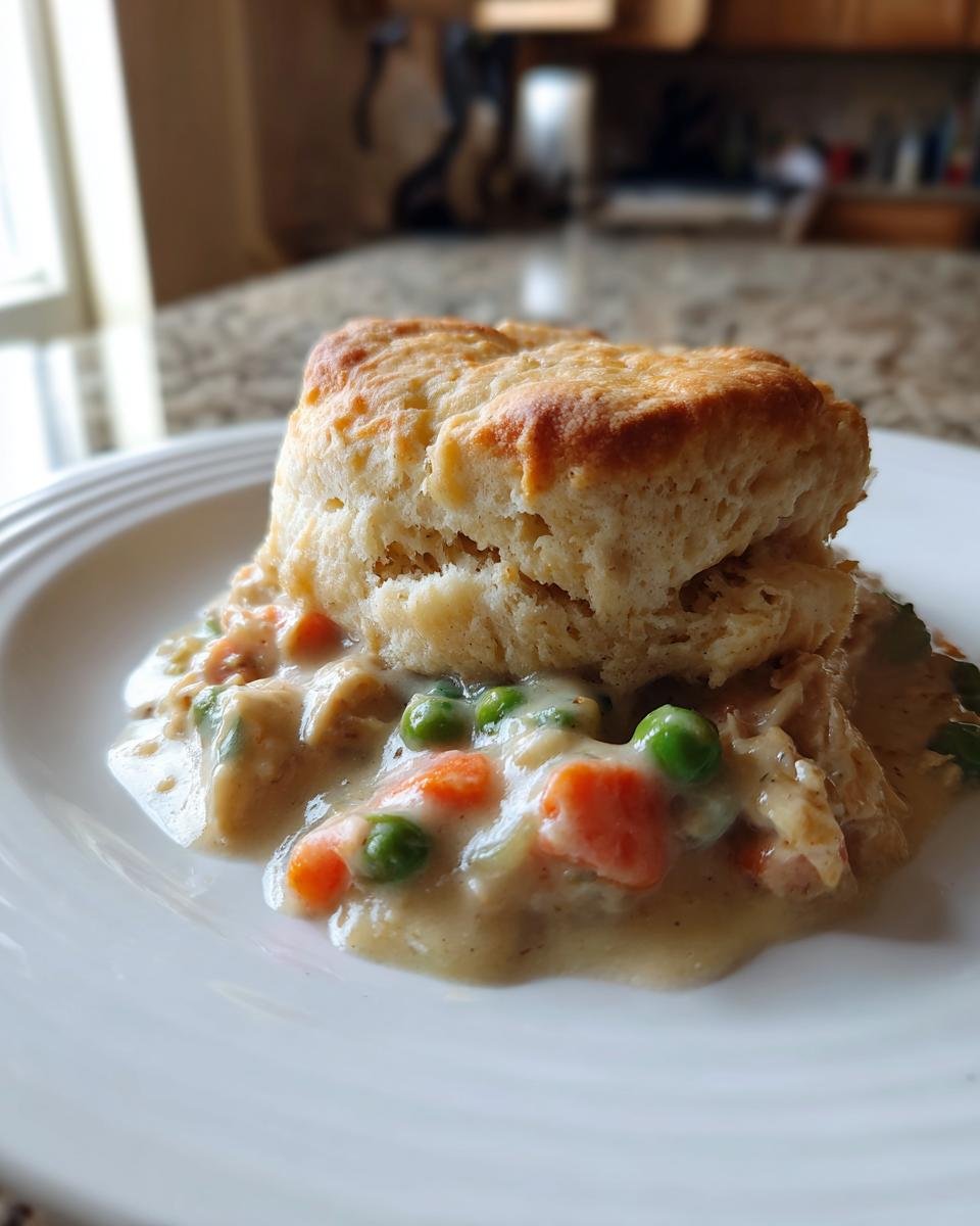 A fluffy biscuit topping a serving of creamy Chicken Pot Pie With Biscuits, featuring peas and carrots.