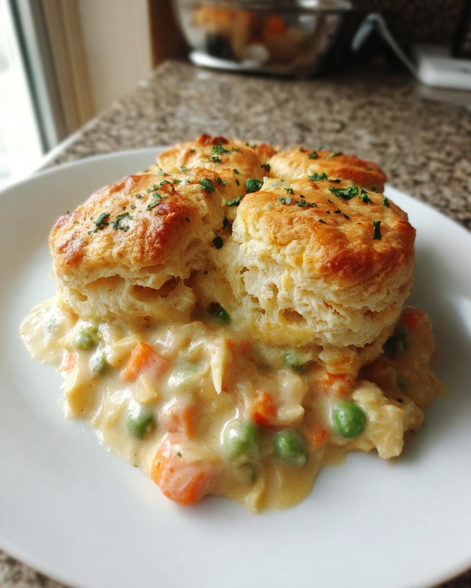 A serving of creamy Chicken Pot Pie With Biscuits, topped with golden biscuits and parsley garnish.