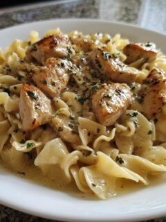 Close-up of a white plate filled with Chicken With Buttered Noodles, topped with seared chicken pieces and herbs.