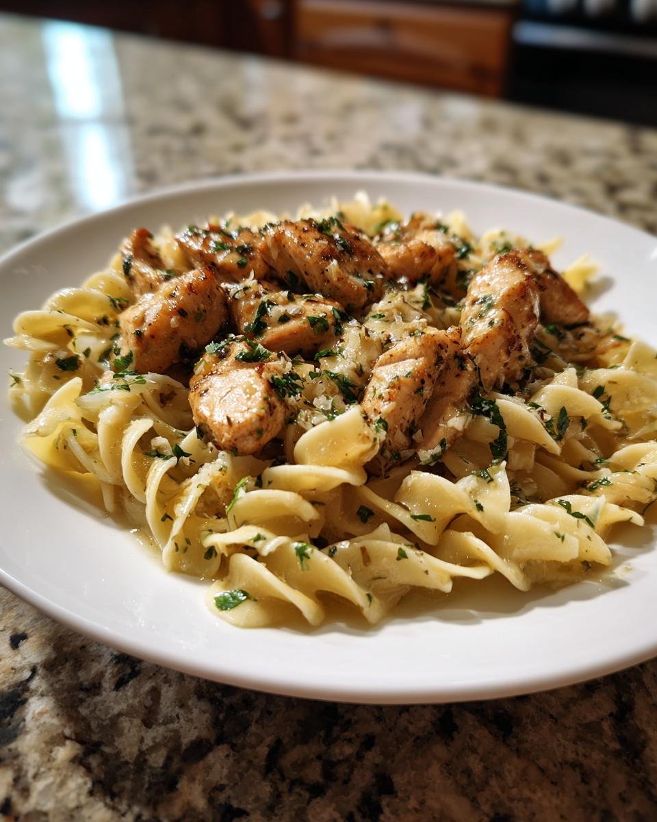 A close-up of seasoned, sliced chicken served over buttered noodles garnished with parsley, ready to eat.