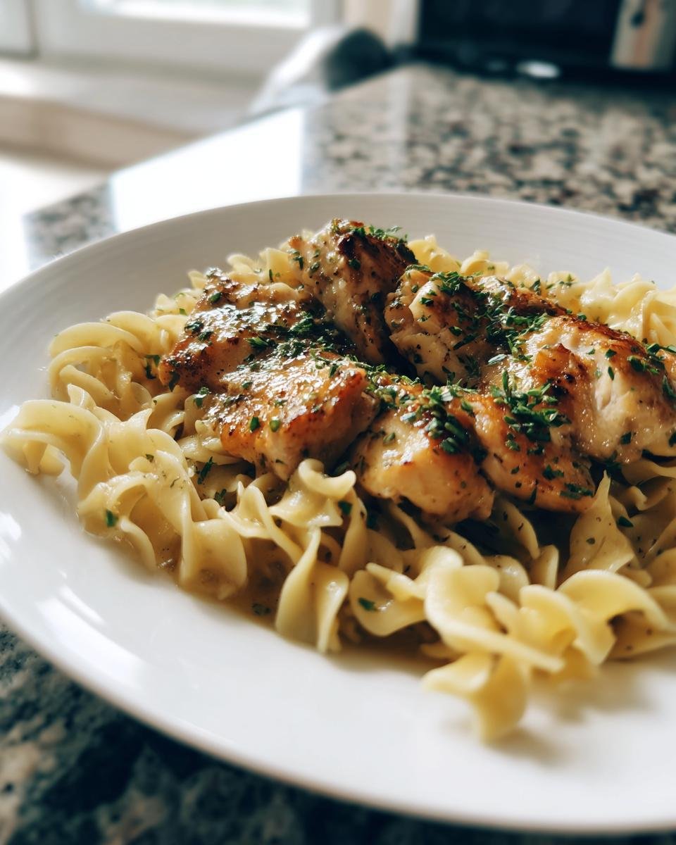 Close-up of pan-seared chicken pieces served over buttered egg noodles, garnished with parsley, representing Chicken With Buttered Noodles.
