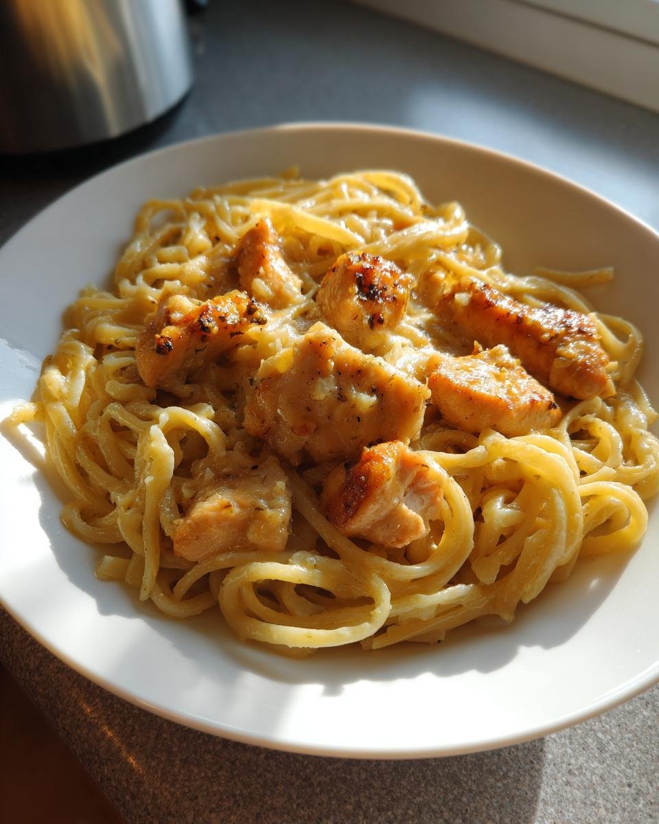 Close-up of Chicken With Buttered Noodles served in a white bowl, glistening under bright sunlight.