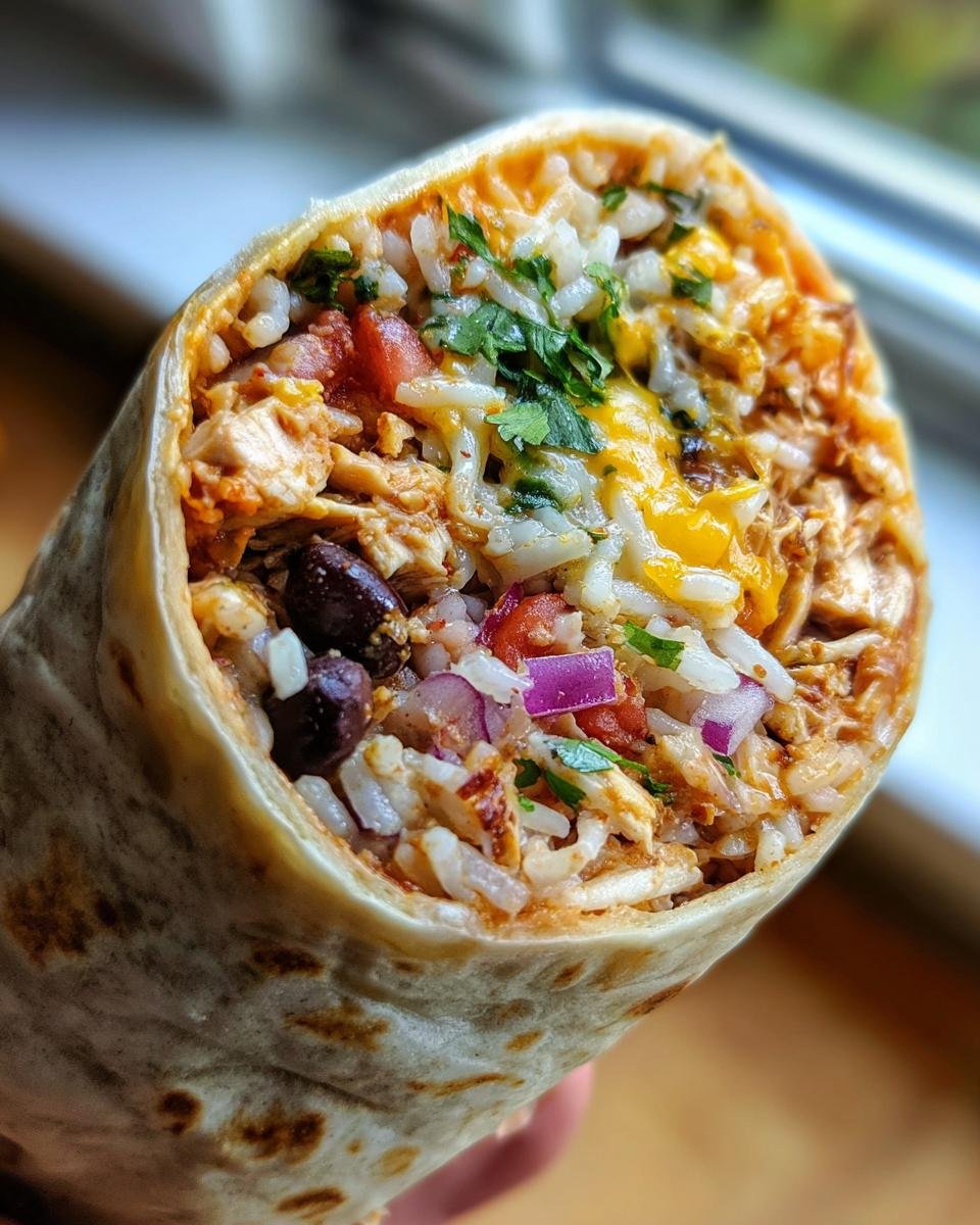 Close-up view of the filling inside a Chipotle Ranch Grilled Chicken Burrito, showing rice, chicken, beans, cheese, and onions.