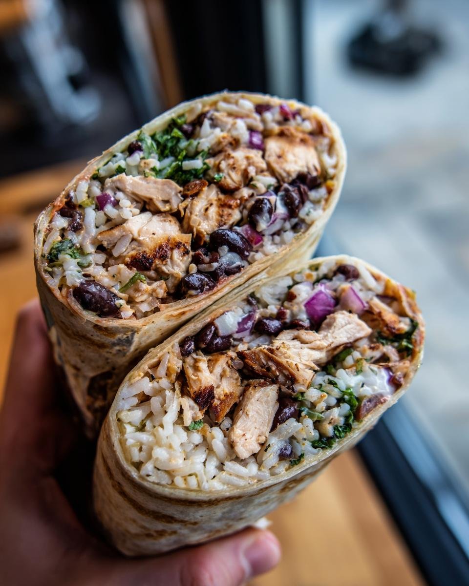 Close-up of a Chipotle Ranch Grilled Chicken Burrito cut in half, showing rice, black beans, chicken, and red onion.