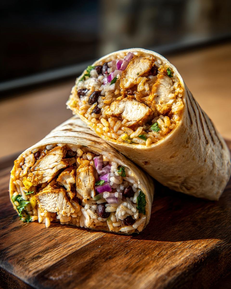 Cross-section view of a Chipotle Ranch Grilled Chicken Burrito filled with seasoned chicken, rice, black beans, and red onion.