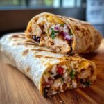 A Chipotle Ranch Grilled Chicken Burrito cut in half, showing grilled chicken, rice, black beans, and red onion filling.