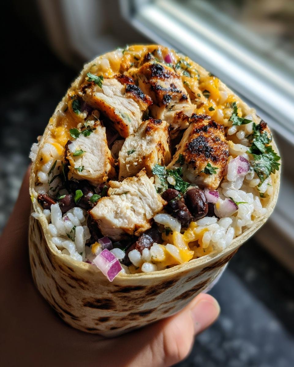 A close-up view of a fully loaded Chipotle Ranch Grilled Chicken Burrito, showing grilled chicken, rice, black beans, and cheese.