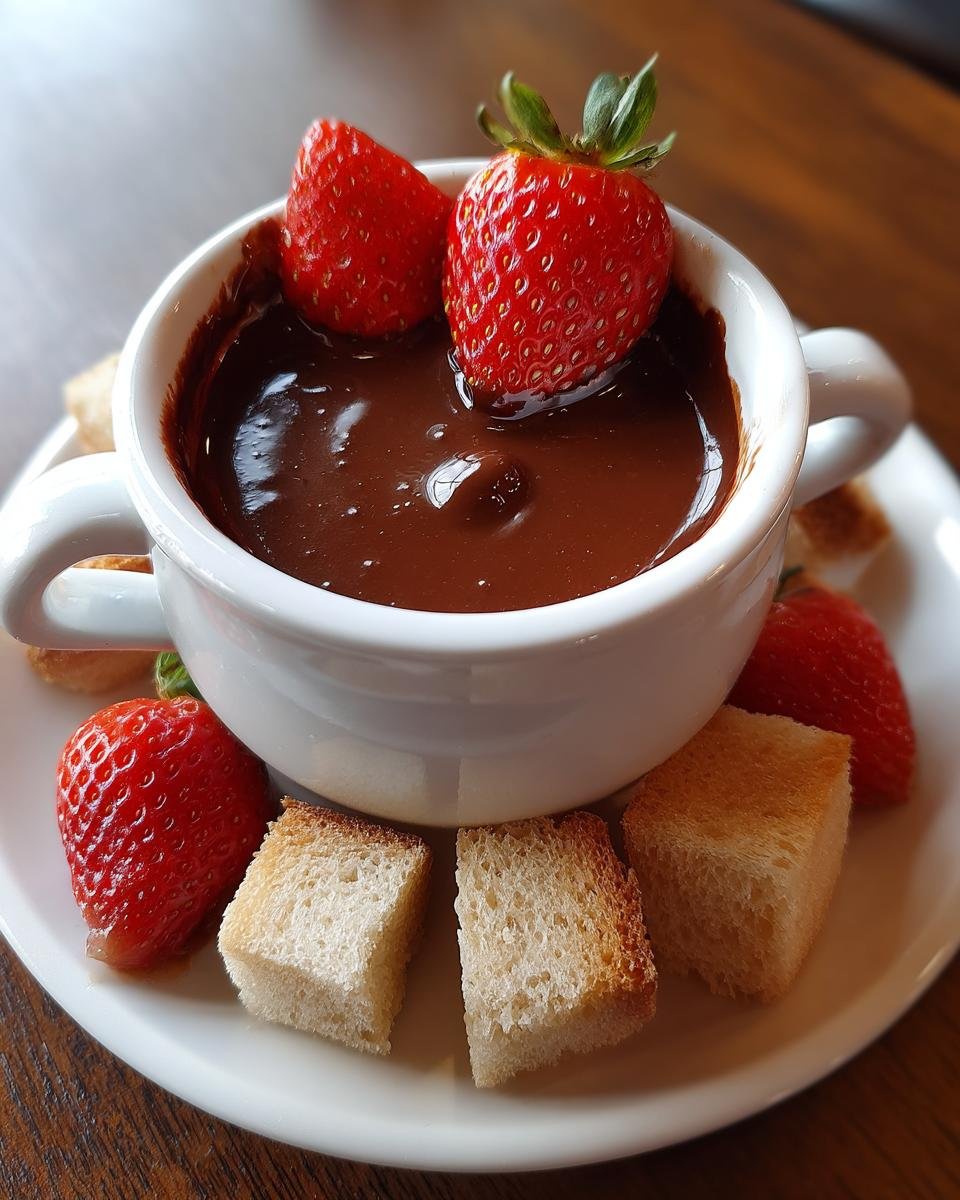 A white mug filled with rich Chocolate Fondue Recipe, garnished with fresh strawberries and served with toasted bread cubes.