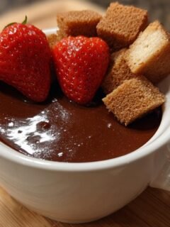 Close-up of a white mug filled with rich Chocolate Fondue Recipe, topped with fresh strawberries and pound cake cubes.