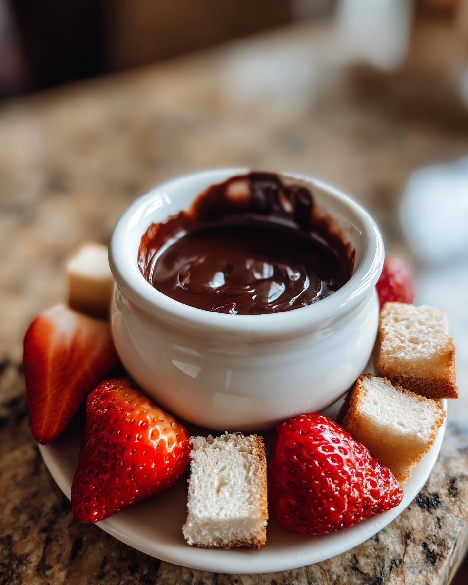 A small white bowl of melted chocolate for Chocolate Fondue Recipe surrounded by fresh strawberries and pound cake cubes.