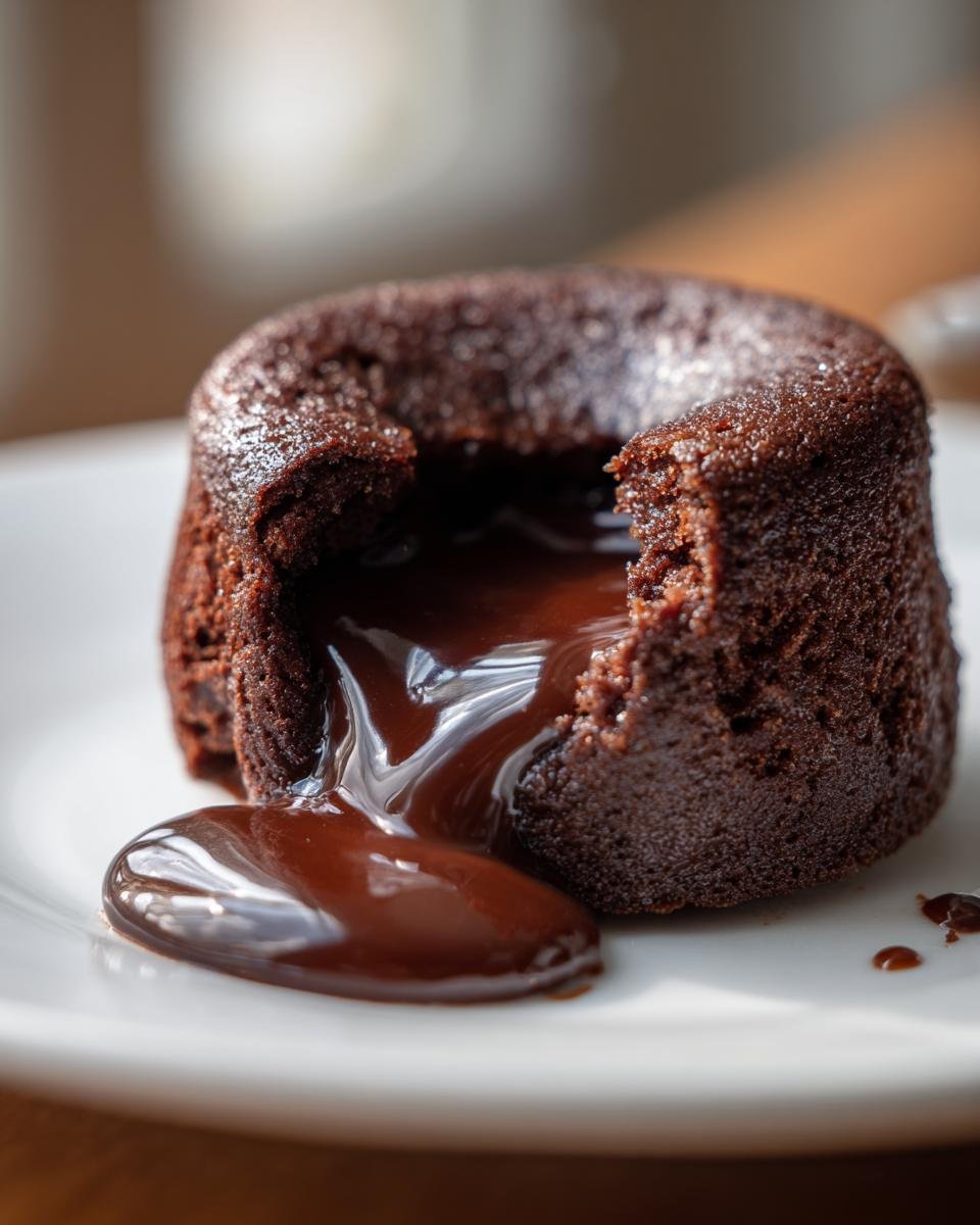 Close-up of a freshly baked Chocolate Lava Cake with the molten center oozing onto a white plate.