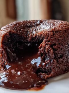 Close-up of a freshly baked Chocolate Lava Cake with rich, molten chocolate flowing onto a white plate.