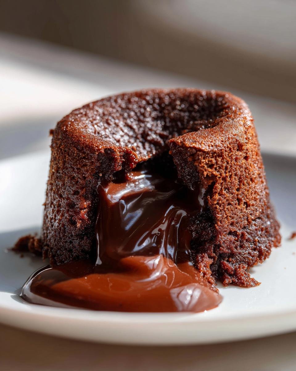 Close-up of a freshly baked Chocolate Lava Cake with molten chocolate oozing out onto a white plate.
