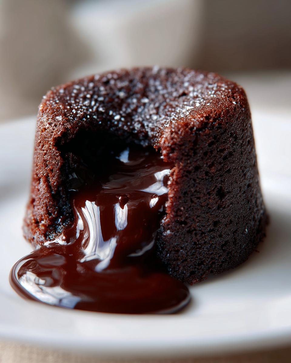 Close-up of a rich Chocolate Lava Cake with molten chocolate oozing out onto a white plate.