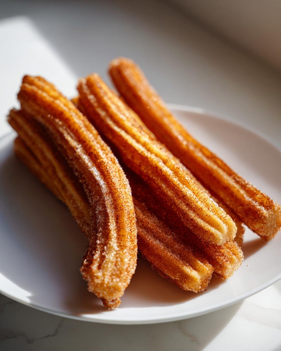A stack of freshly fried, ridged churros coated in cinnamon sugar on a white plate.