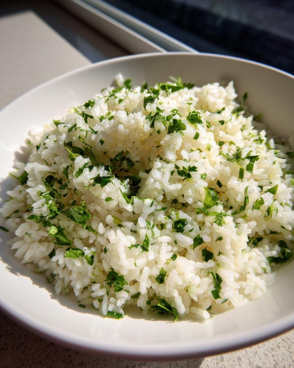 Close-up of fluffy white rice mixed with chopped green cilantro, ready for a Cilantro Lime Rice Bowl.