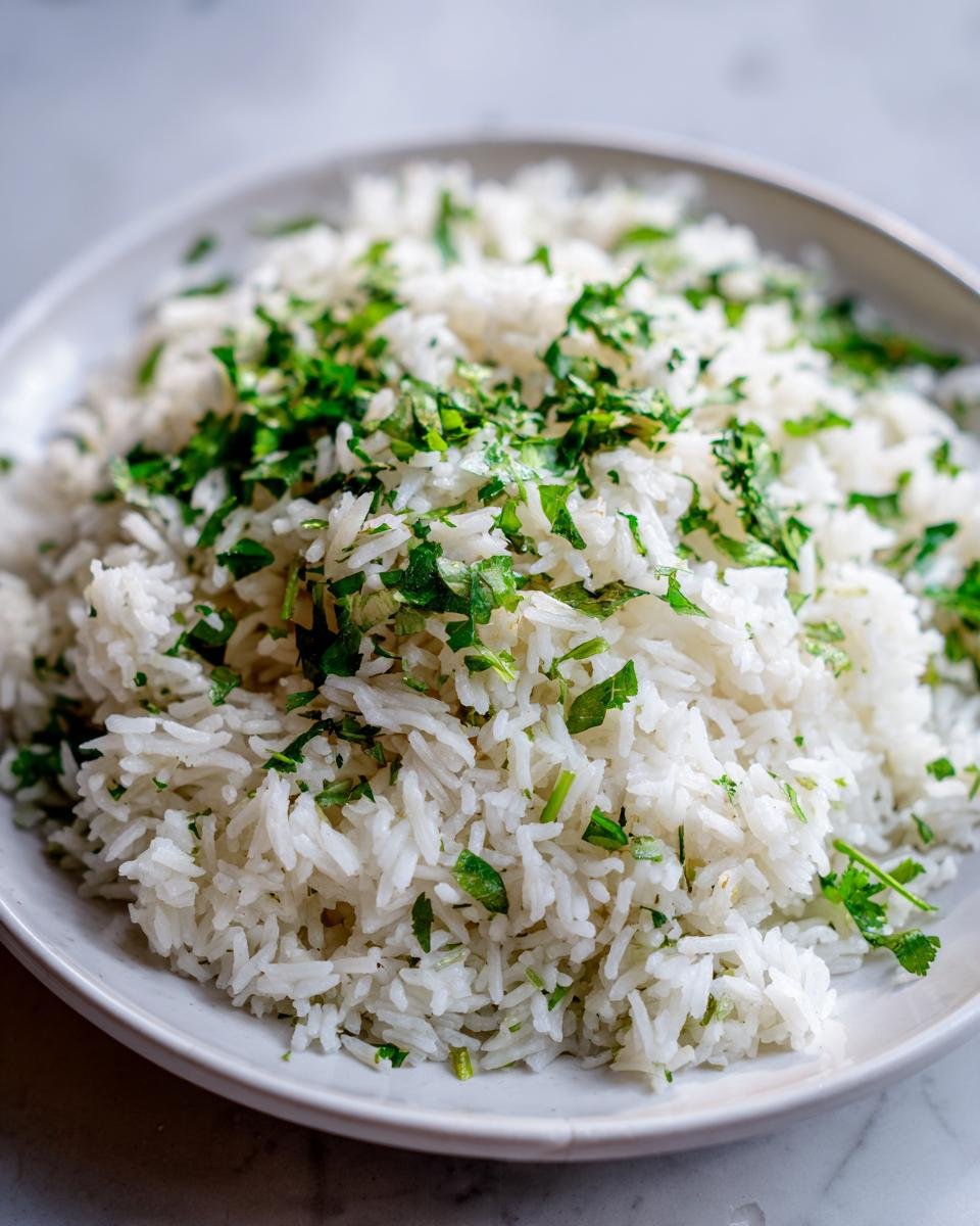 Close-up of fluffy white rice generously topped with chopped fresh cilantro, perfect for a Cilantro Lime Rice Bowl.