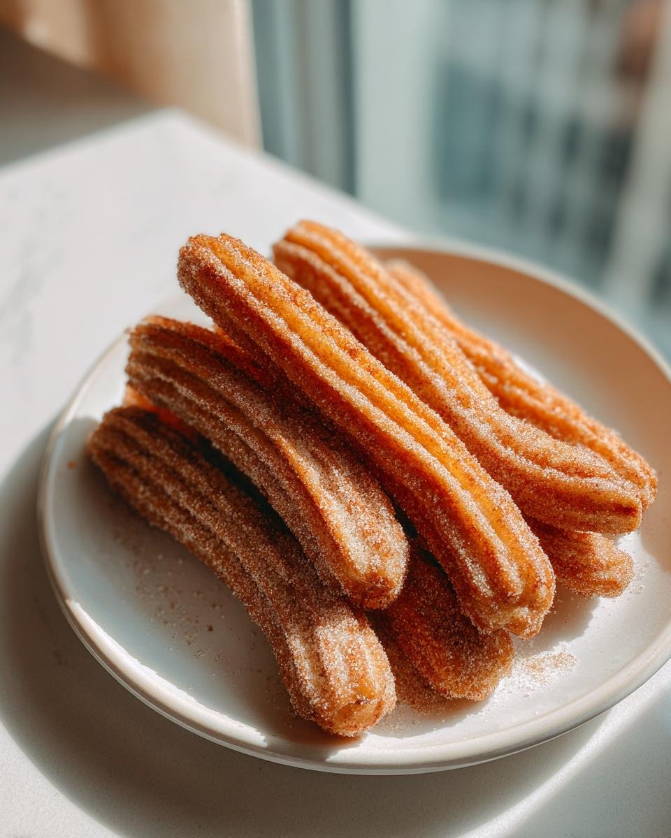 A stack of freshly fried, ridged churros coated in cinnamon sugar resting on a white plate.