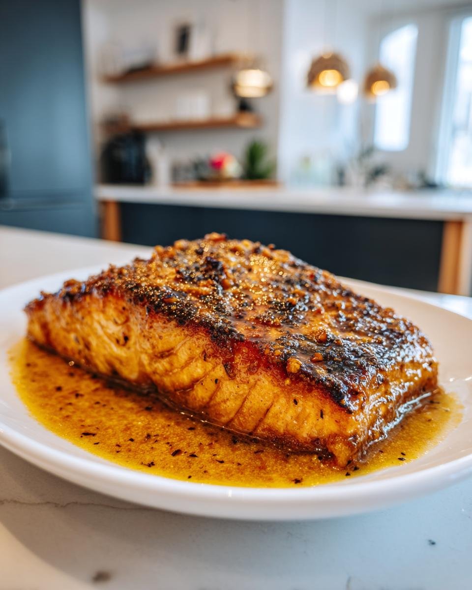 A perfectly cooked fillet of Coconut Curry Salmon With Garlic Butter resting in a pool of sauce on a white plate.