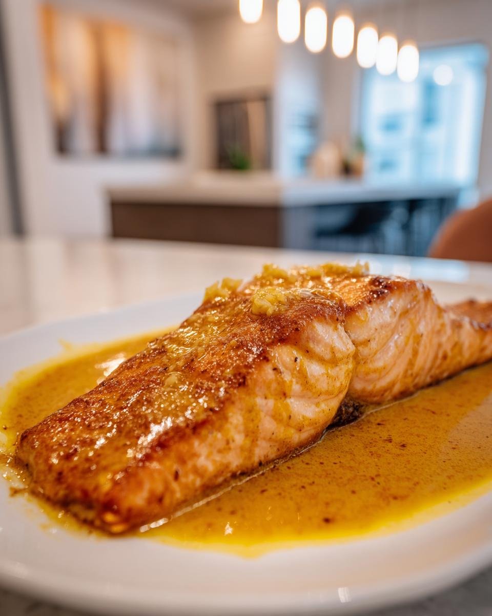 A perfectly cooked fillet of Coconut Curry Salmon With Garlic Butter resting in a rich, yellow sauce on a white plate.