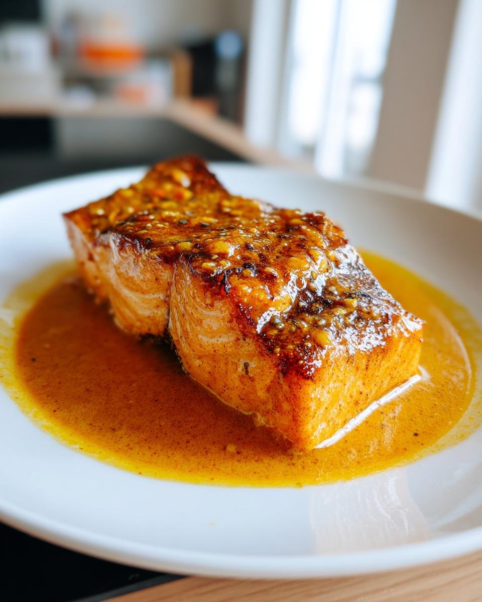 Close-up of a perfectly cooked fillet of Coconut Curry Salmon With Garlic Butter, sitting in a pool of rich orange sauce.