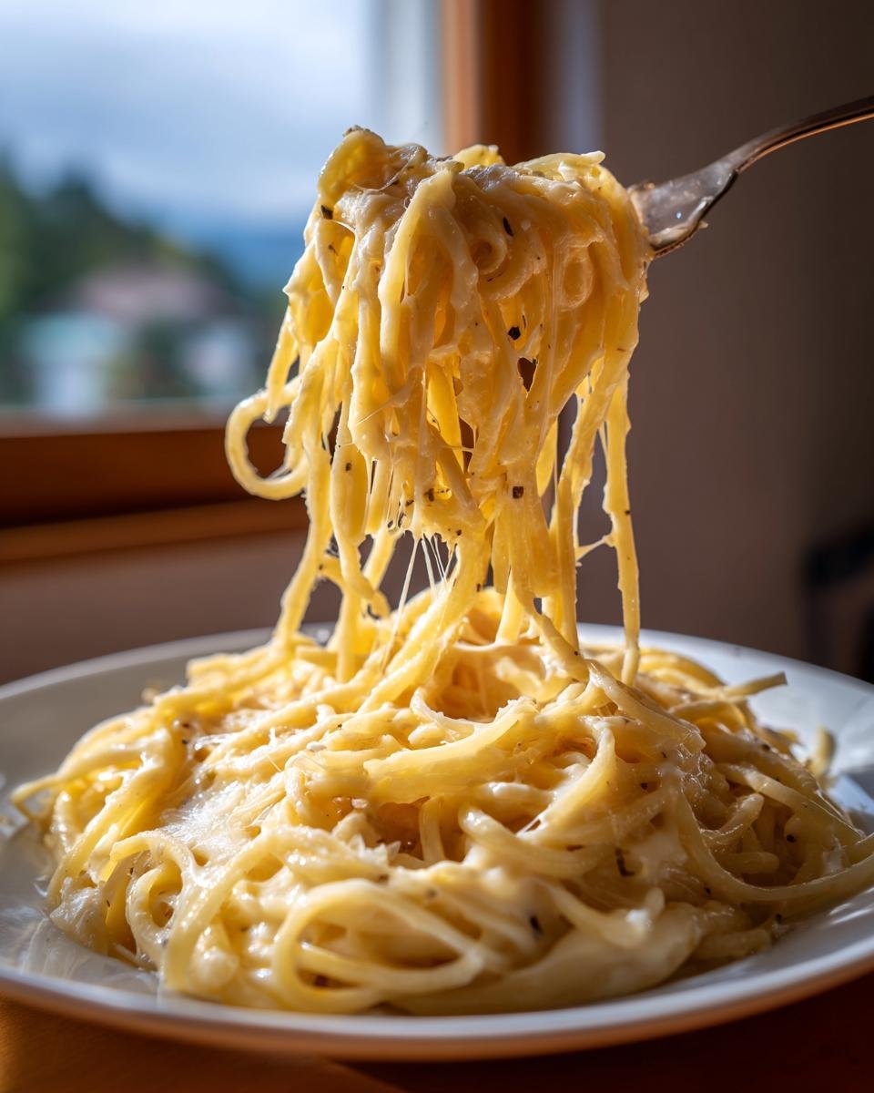 Close-up of creamy 5 Ingredient Garlic Parmesan Pasta being lifted high on a fork, showing cheese pull.