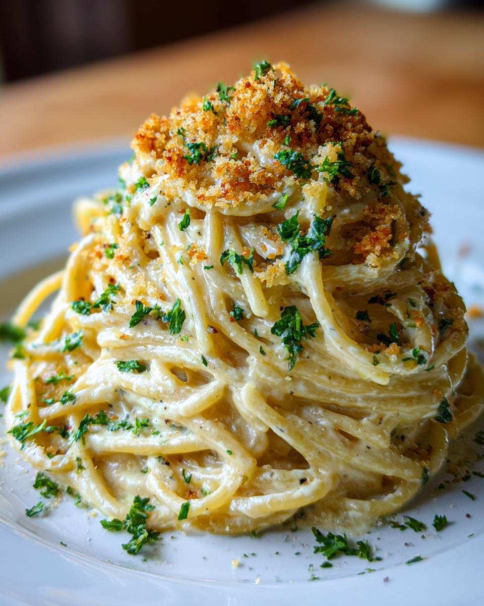A tall serving of creamy Garlic Bread Pasta topped with toasted breadcrumbs and fresh parsley.