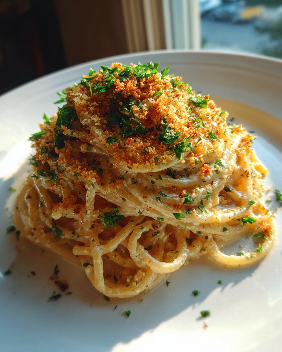 A tall serving of creamy Garlic Bread Pasta topped generously with toasted breadcrumbs and fresh parsley.