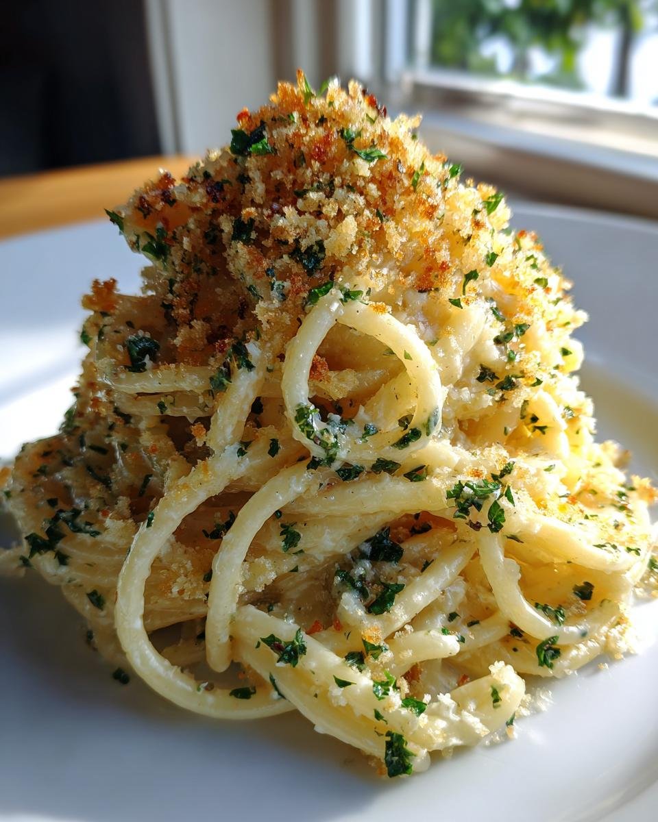 Close-up of creamy Garlic Bread Pasta topped high with golden toasted breadcrumbs and fresh parsley.